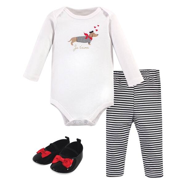 slide 1 of 1, Hudson Baby Infant Girl Cotton Bodysuit, Pant and Shoe 3pc Set, Bonjour Dog 0-3 Months - Bonjour Dog