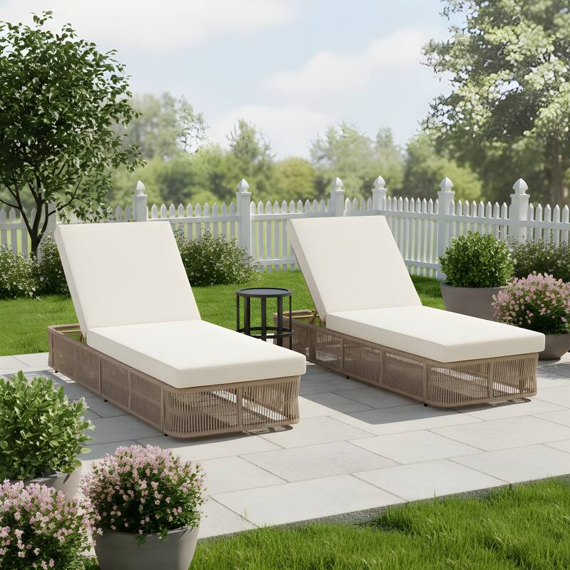 Christopher Knight Home - Outdoor 5-Position Adjustable Sunlounge Set with Woven Rope Base & Ceramic Tile Side Table - 5-piece Set-Beige+Black