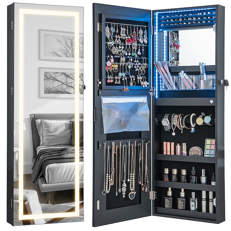 Gymax LED Mirror Jewelry Cabinet Wall/Door Mounted Organizer Armoire - Black