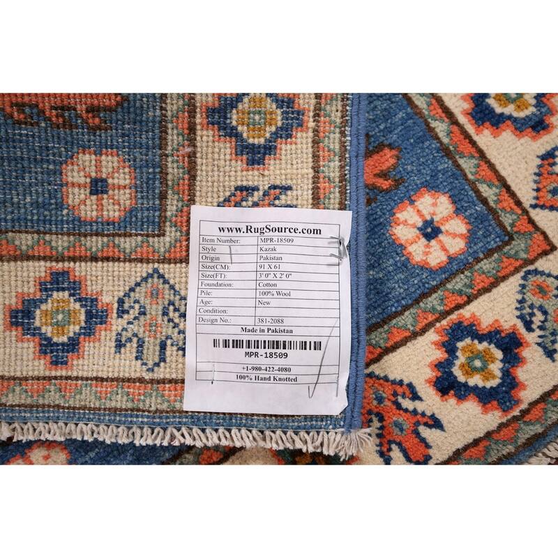 Geometric Kazak Foyer Rug Hand-Knotted Blue Wool Carpet - 2'0" x 3'0"