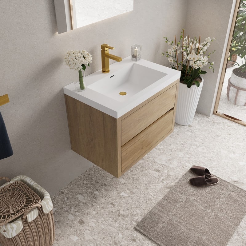 Abruzzo 30" Wall-Mount Bathroom Vanity with Stone Resin Top and Dual Soft-Close Drawers
