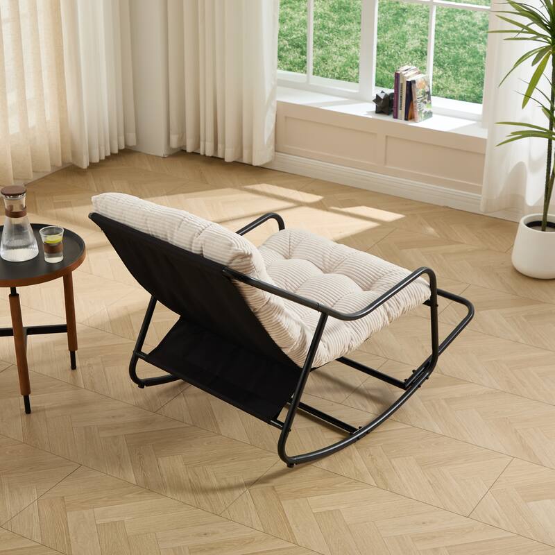 Outdoor Rocking Chair, Comfy Cushion, with Soft Thick Cushion,for Living Room, Reading Room, Black Frame with White Cushion