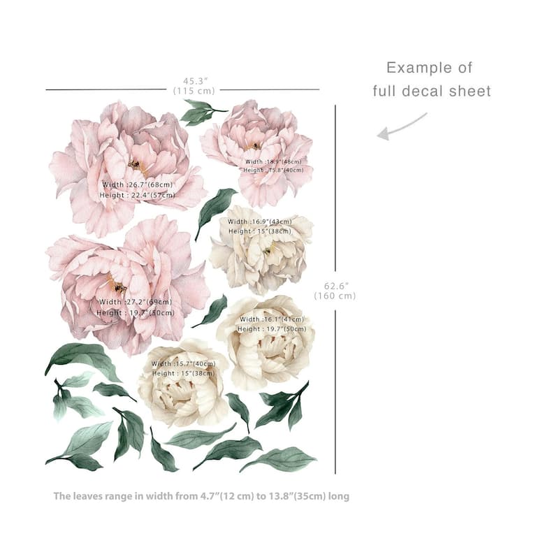 Pink and Beige Peony Flowers Self Adhesive Wall Decal Set