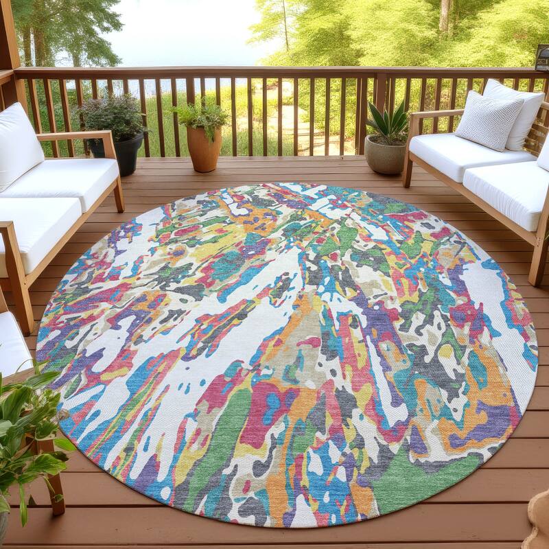 Machine Washable Indoor/ Outdoor Brushstrokes Chantille Rug - Cream - 8' x 8'