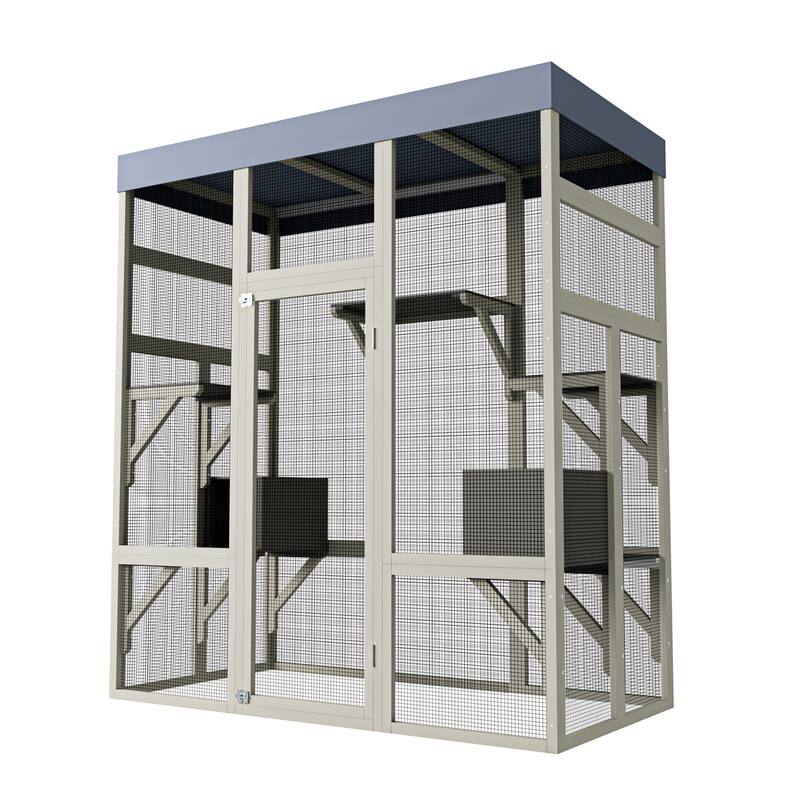 Outdoor Wooden Catio for Cats, Large Cat Shelter Enclosure, Secure Pet Cage with Waterproof Roof, 2 Cat Houses & Platforms