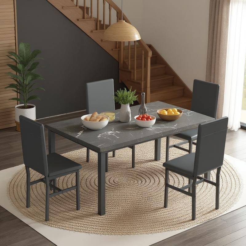 Grondin Modern Contemporary 5 Pieces Dining Table Set with Faux Marble Top and 4 PU Leather Upholstered Chairs