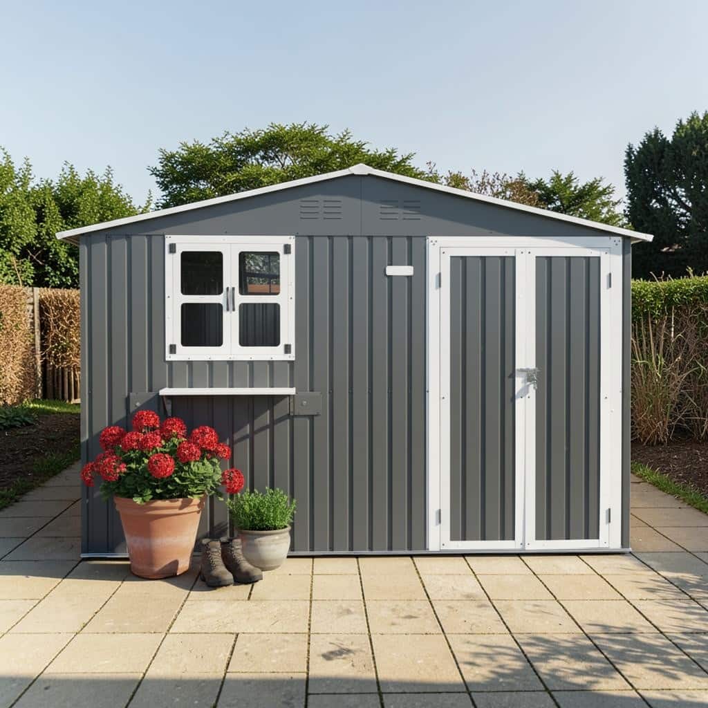 10x8 FT Outdoor Metal Storage Shed with Windows, Flower Rack and Lockable Double Doors