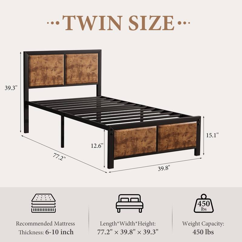 VECELO Platform Bed Frame with Wooden Headboard Heavy Duty Steel Slats Support No Box Spring Needed