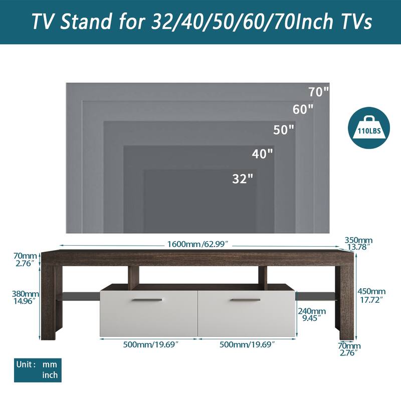 TV Stand with 3 Open Shelves, LED Color Changing Lights, Toughened Glass Shelf Floor Cabinet Floor TV Wall Cabinet
