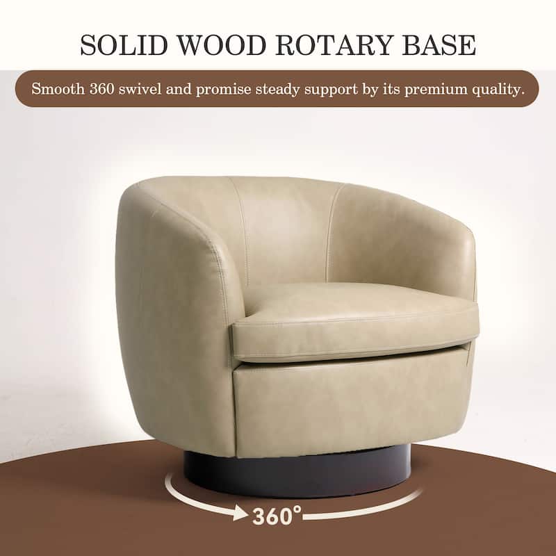 Leather Upholstered Swivel Barrel Accent Chair With Wood Base