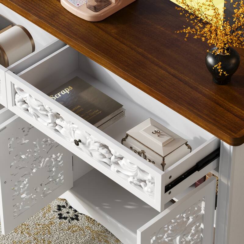 Classic White Sideboard Cabinet with Carved Doors and Rustic Metal Hardware Buffet Display Cabinet