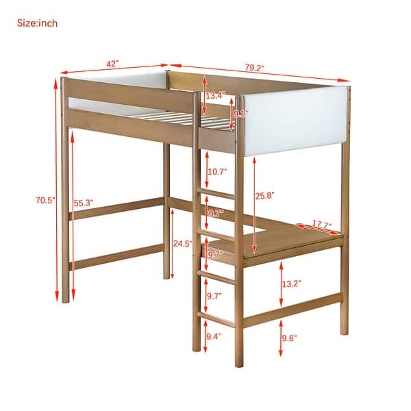 Rubber Wood Twin Size Loft Bed Frame,Upholstered Loft Bed with Desk