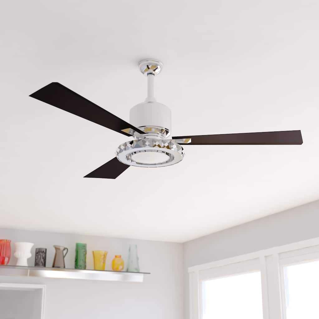 Clara 52 in. Brushed Nickel Glam Ceiling Fan with Black Blades, Dimmable LED Crystal Light Kit and Remote, 3 Speeds, Cream Shade