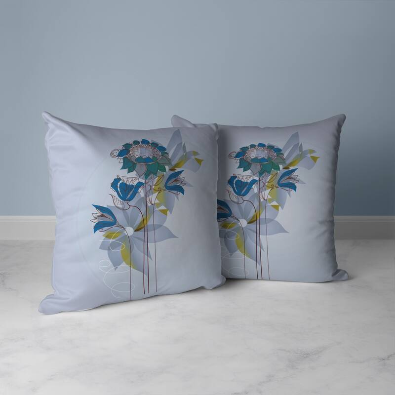 Flowers Line Art Faux Suede Reversible Throw Pillow Sky and Blue