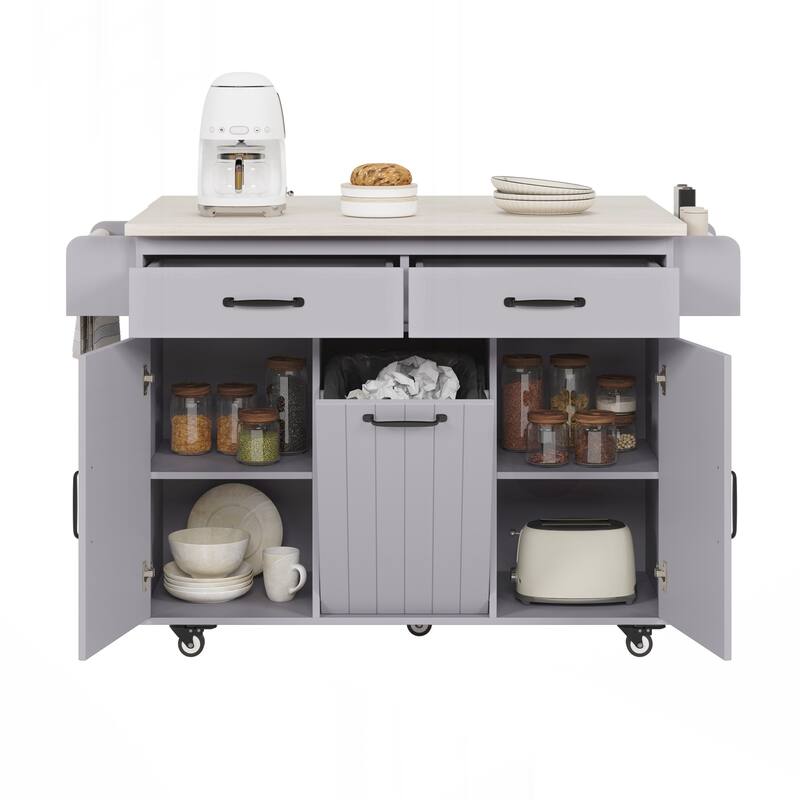 Kitchen Island with Trash Can Storage Cabinet, Kitchen Cart with Drop Leaf, Spice Rack