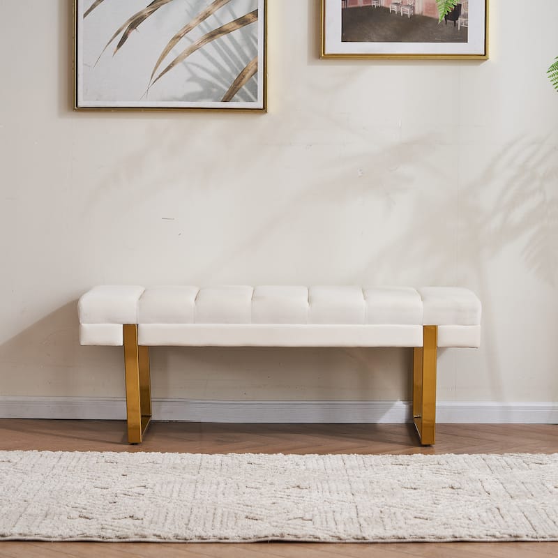 Upholstered Bedroom Bench Tufted Entryway Bench Modern End of Bed Bench Dining Bench with Gold/Black Metal Legs for Window - 46.5" Wide - Ivory