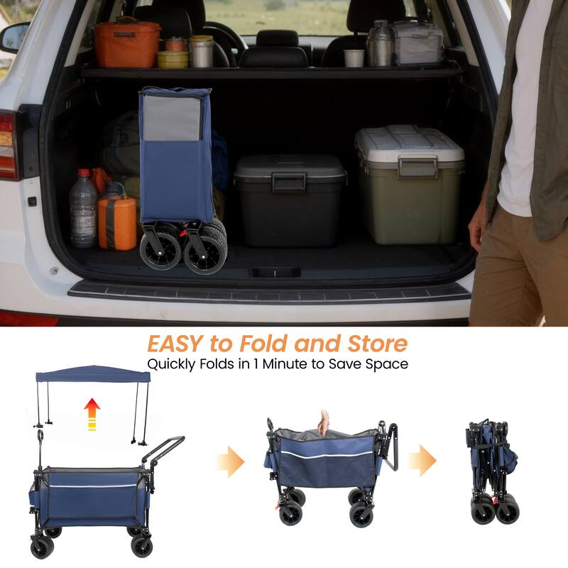 Multi-Functional Push-Pull Folding Wagon Cart with Rotating Handle & Canopy,7"x4"All-Terrain Wheels & Brakes,300L Large Capacity