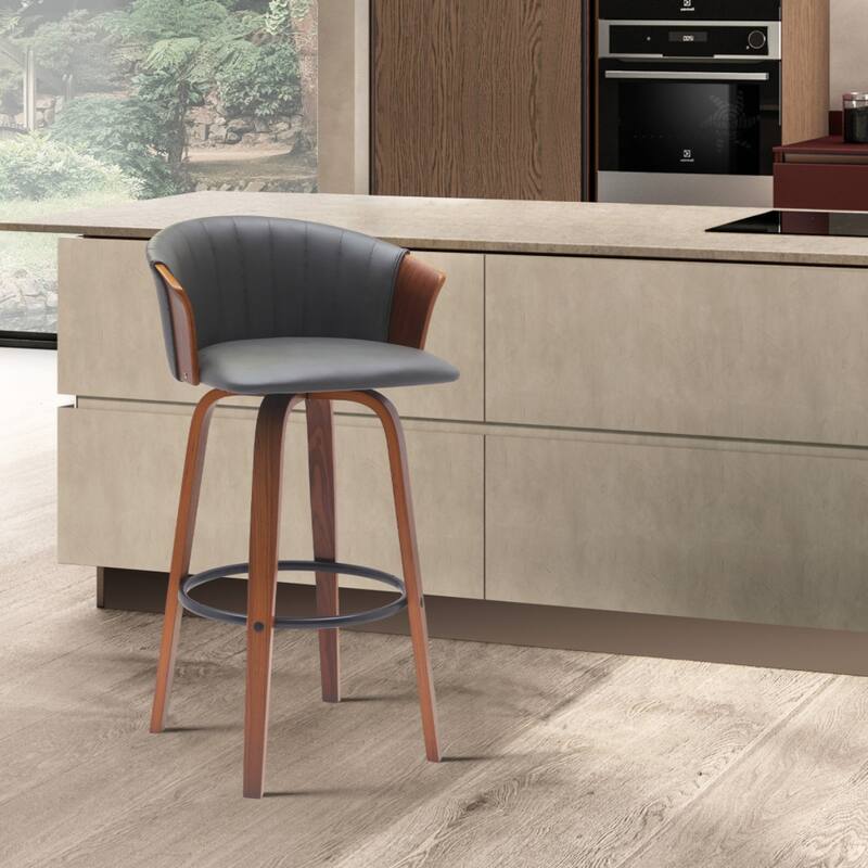 Faux Leather Swivel Counter Height Stool with Solid Wood Frame, Arms and Footrest