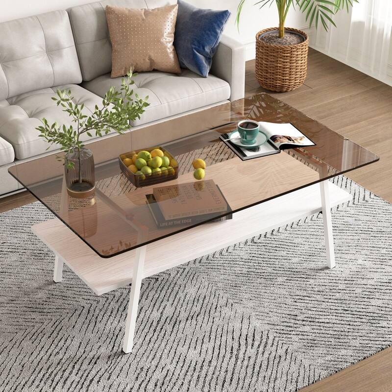 Rectangle Tempered Glass Coffee Table with Metal Legs - White/Brown
