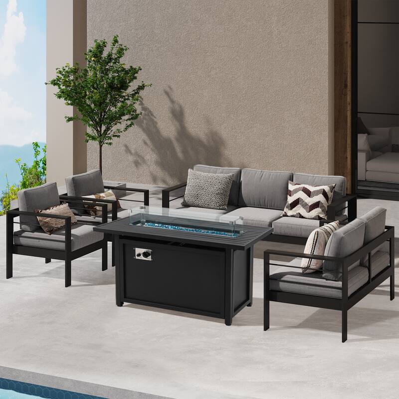 7 - Person Sofa Seating Group With Cushions And Fire Pit Table - Grey