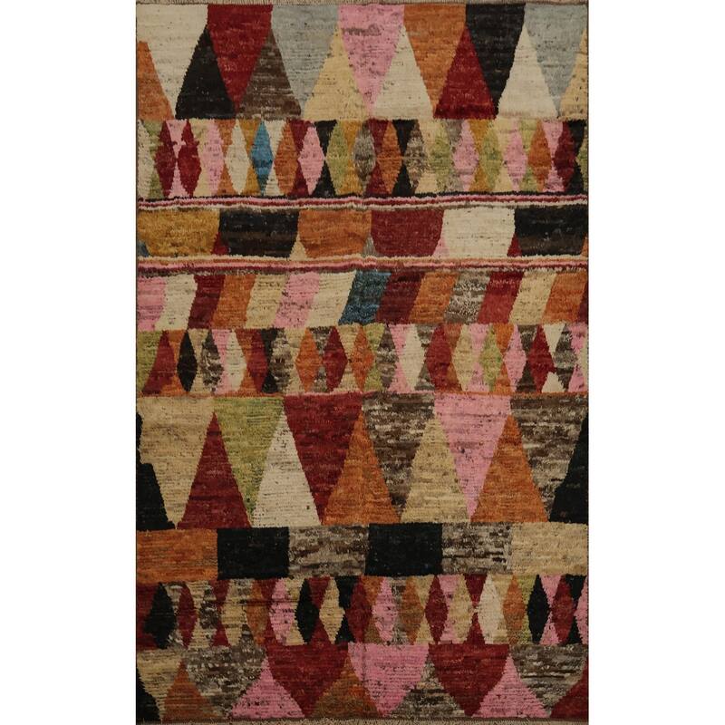 Hand Knotted Oriental 100% Wool Carpet Modern Tribal Multi-Colored Moroccan Area Rug - 9' 7'' X 6' 10''