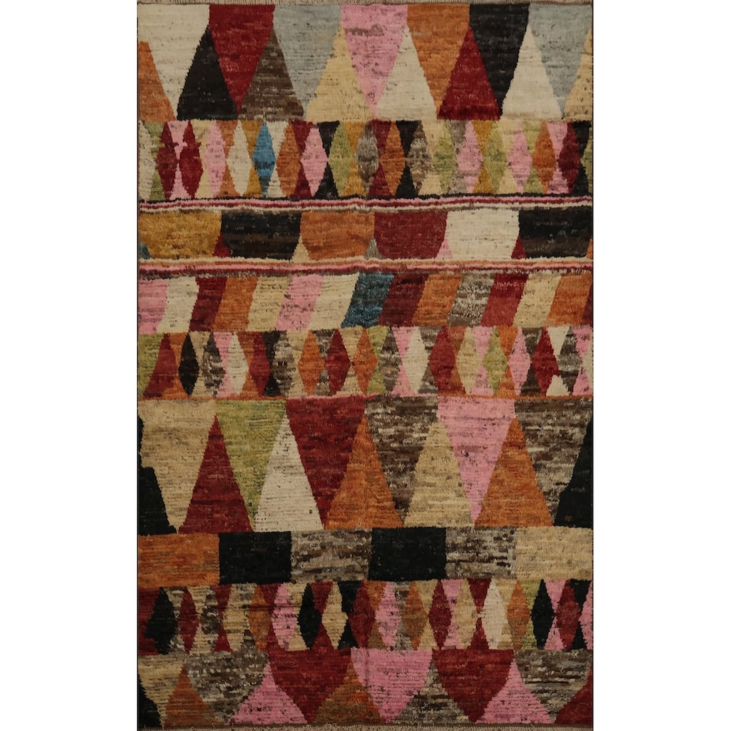 Hand Knotted Oriental 100% Wool Carpet Modern Tribal Multi-Colored Moroccan Area Rug - 9' 7'' X 6' 10''