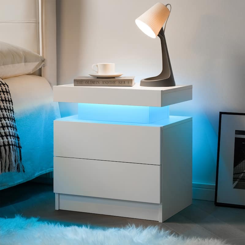 GDF Studio - Avalon Modern LED Nightstand with Dual Drawers and Open Storage Shelf