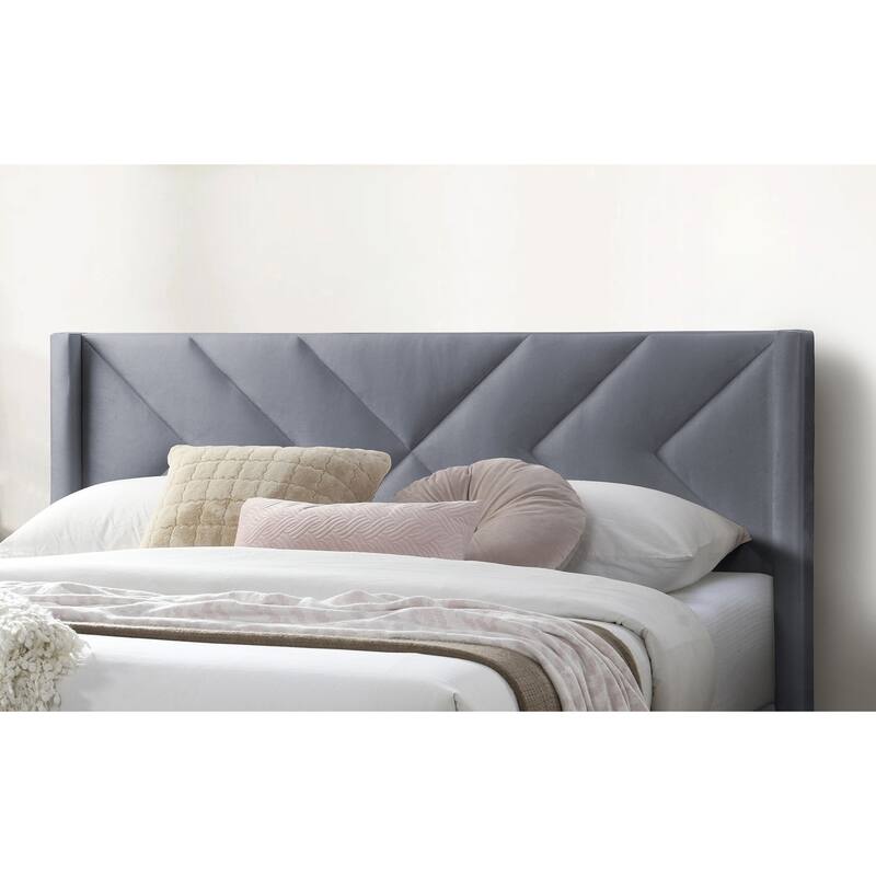 Modern Gray Velvet Upholstered Queen Size Bed with Geometric Headboard