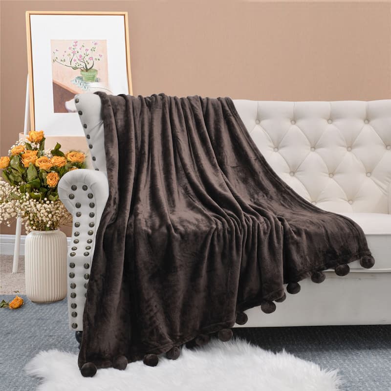 Pompom Flannel Fleece Throw - 60'' x 80'' - Chocolate