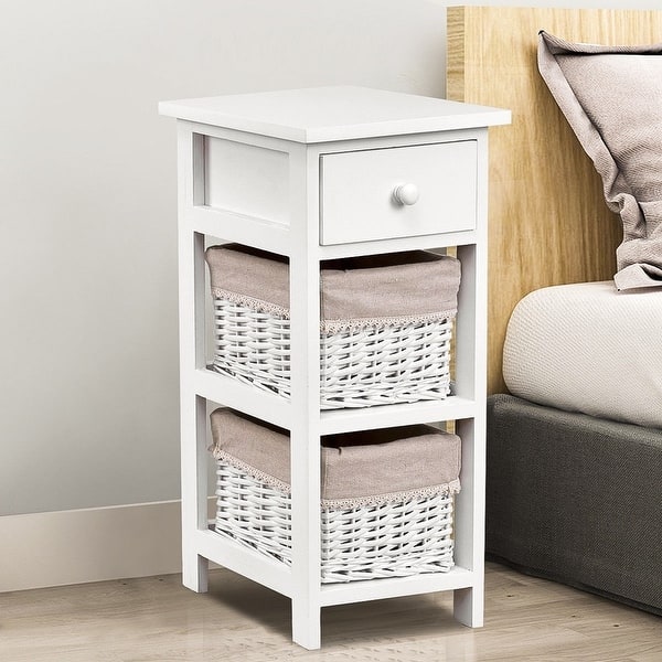 Shop White Wood 1 Drawer End Table Nightstand With 2 Wicker Baskets Overstock 29083775
