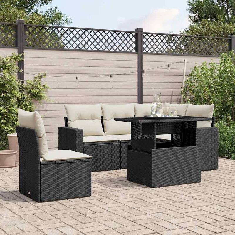 vidaXL Patio Sofa Set with Cushions Outdoor Furniture 6 Piece Poly Rattan - Black and Cream - 21.7 x 39.4 x 28.7