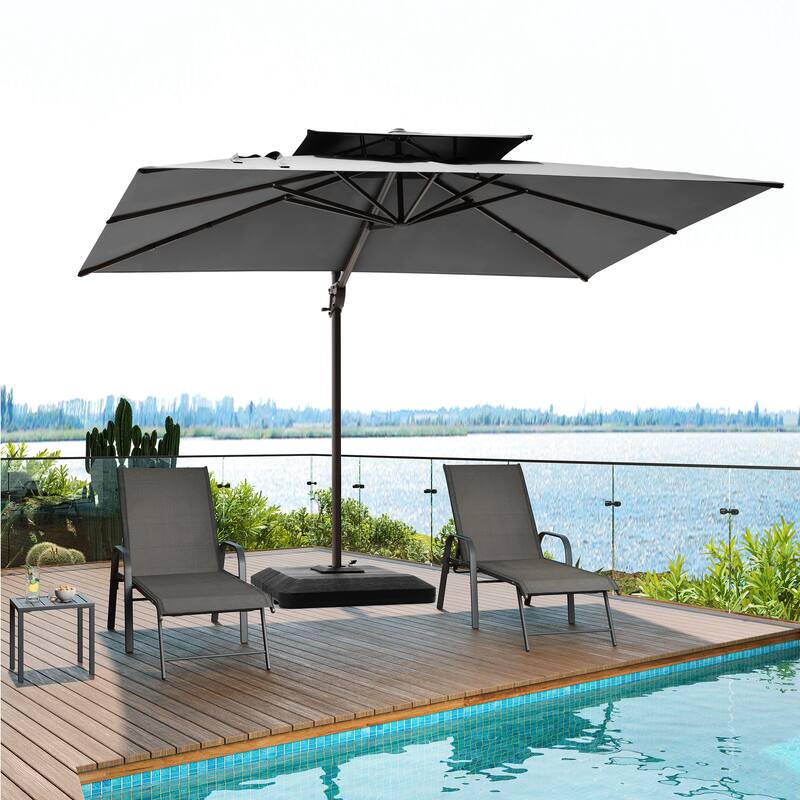 Pellebant 9X11FT Outdoor Dual Top Patio Umbrella Cantilever Offset with Base - Dark Grey