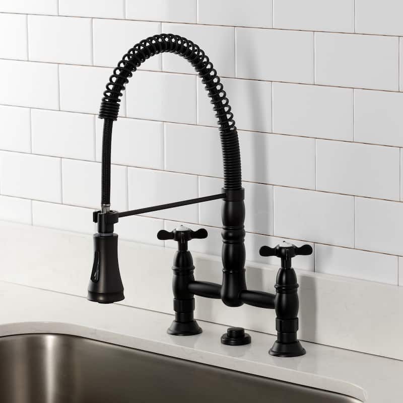 Kingston Brass Essex Double-Handle Wall-Mount Pre-Rinse Bridge Kitchen Faucet