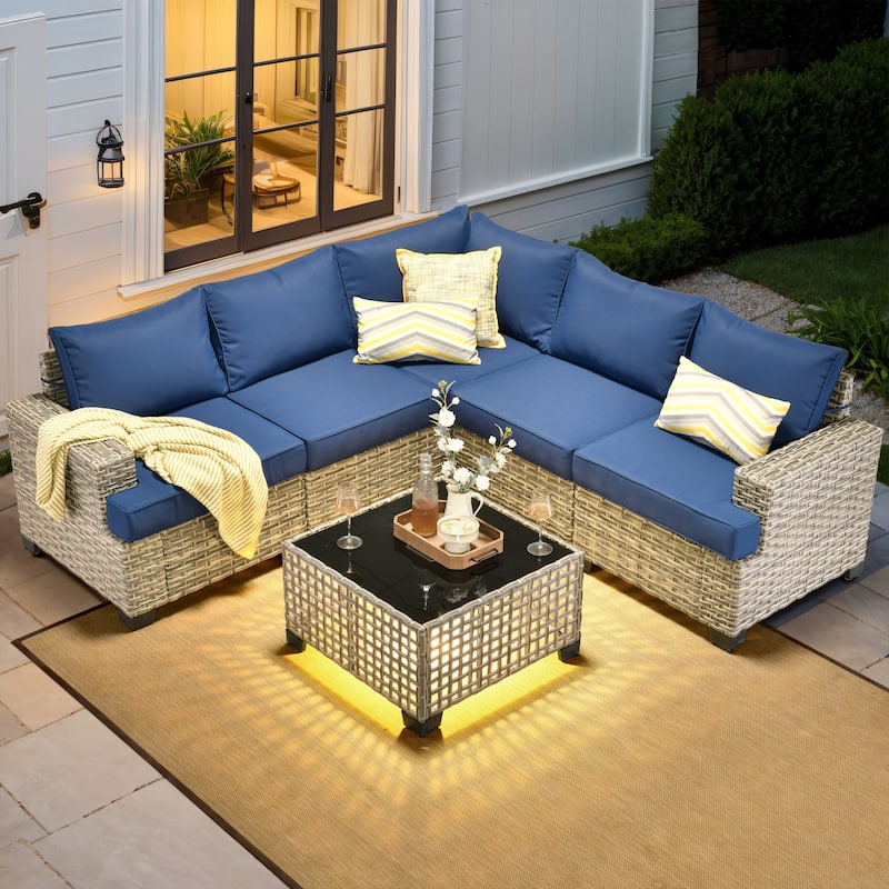 XIZZI 6-Piece Outdoor Wicker Patio Furniture Set with Coffee Table - Navy Blue