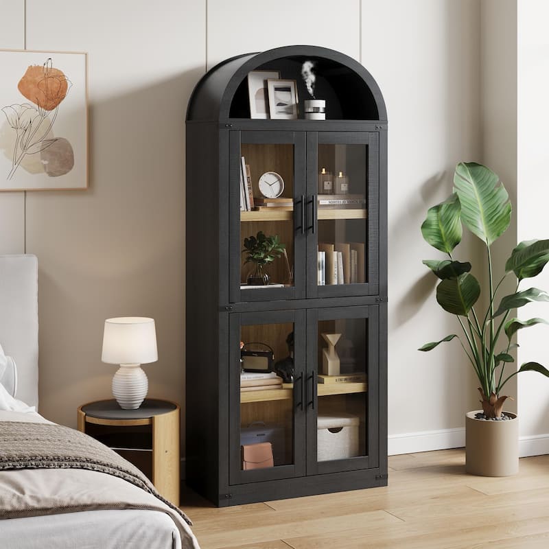 71" Tall Arched Bookshelf - Wooden Bookcase Storage Cabinet Rounded Display Storage Shelves Cabinet - Black - Glass