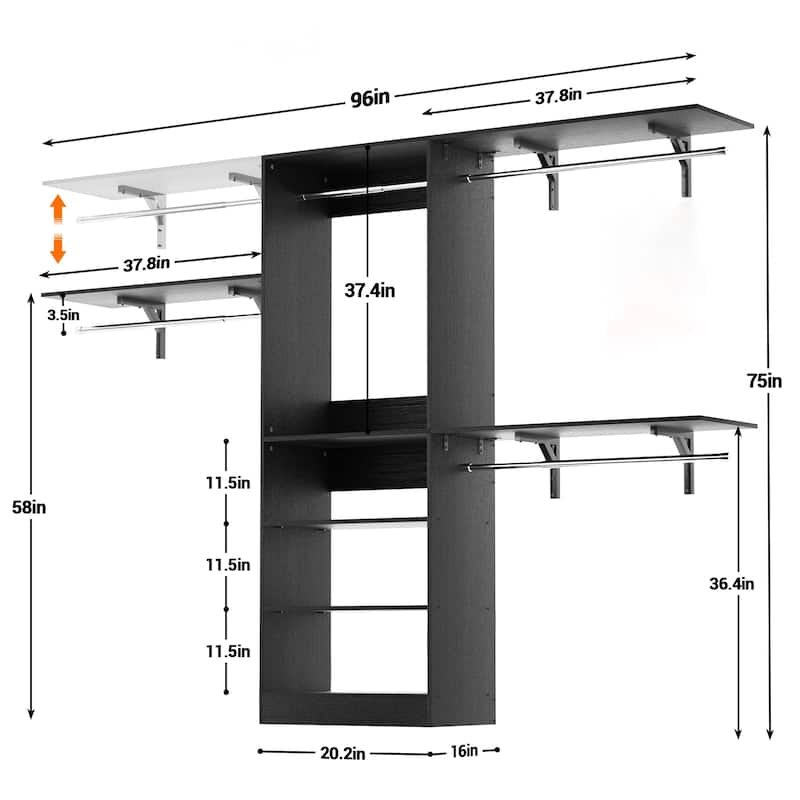 Rackcog 20-96'' W Closet System Starter Kit, Sturdy DIY Closet Organizer with 3 Winged Storage Shelves