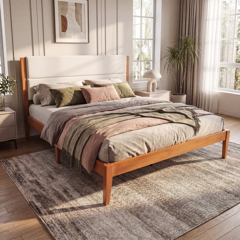 Mid Century Modern Full/Queen/King Size Platform Bed Frame with Upholstered Headboard