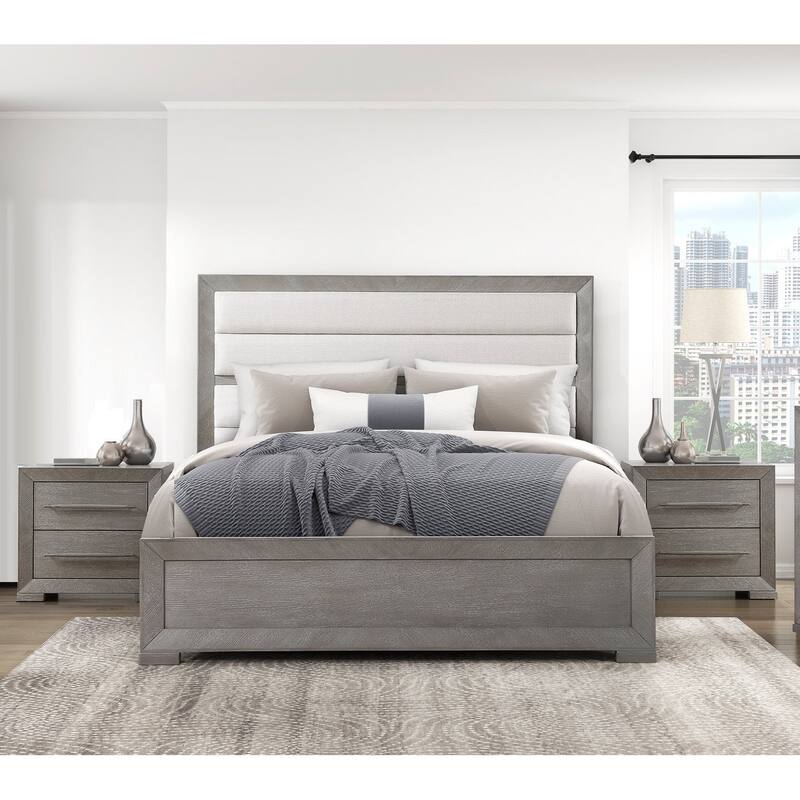 3pc Contemporary Bedroom Set Upholstered Headboard Bed and Two Nightstands