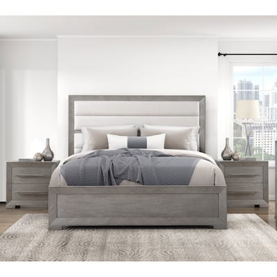 3pc Contemporary Bedroom Set Upholstered Headboard Bed and Two Nightstands