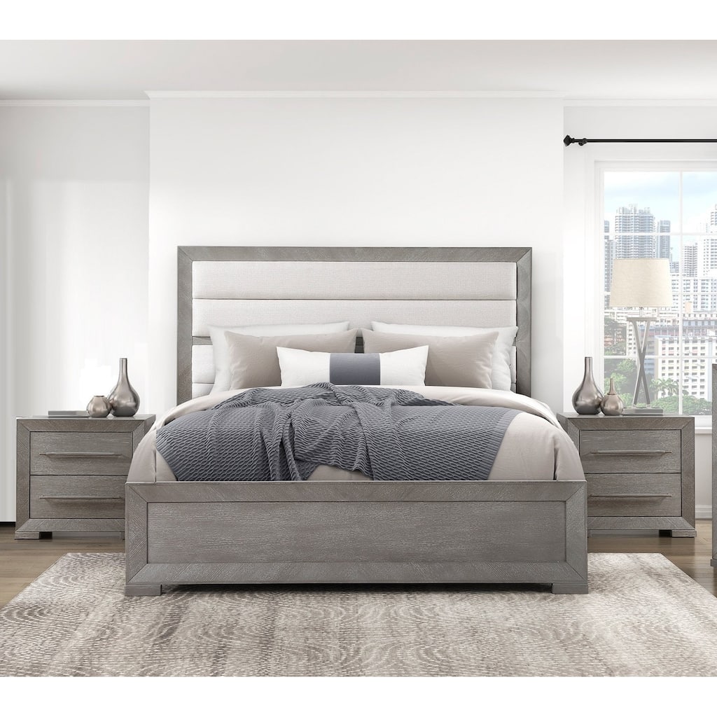 3pc Contemporary Bedroom Set Upholstered Headboard Bed and Two Nightstands