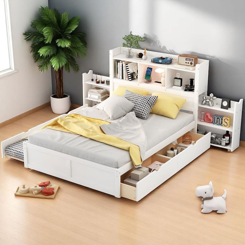 Full Storage Bed with Trundle, Headboard Shelves, USB Charging Port & 2 Drawers, Pine Wood Frame