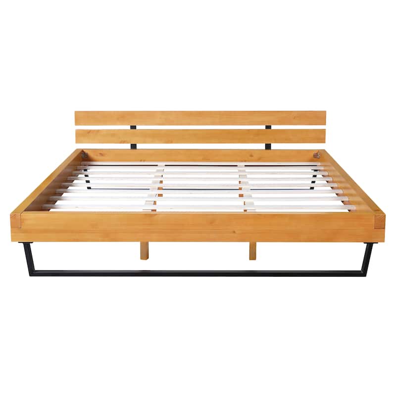 Natural Pine Wood Low-Profile Platform Bed Black Iron Supports Frame Bed with Wood Slat and Center Legs Support, Headboard