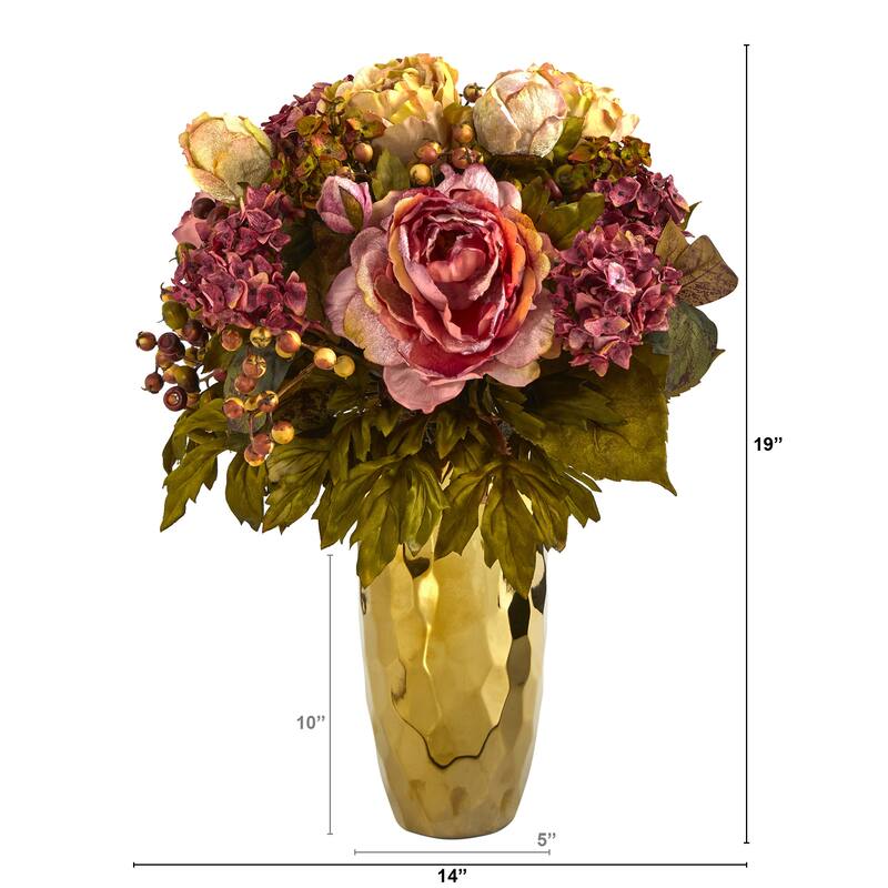 19" Peony Artificial Arrangement in Gold Vase