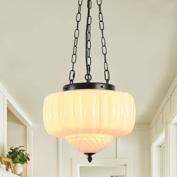 slide 2 of 10, 1-Light 15" W Vintage French Style Pumpkin-shaped Milk Glass Hanging Pendant Light for Dining Room, Hallway Black/White - 15.0 in. W x 9.8 in. H x 15.0 in. D