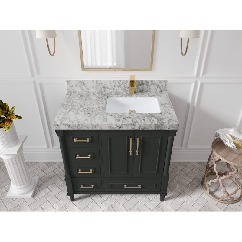 Willow Collections 36 in. W x 22 in. D Aberdeen Right Offset Sink Bathroom Vanity with Countertop - 2" Carrara Marble - Black