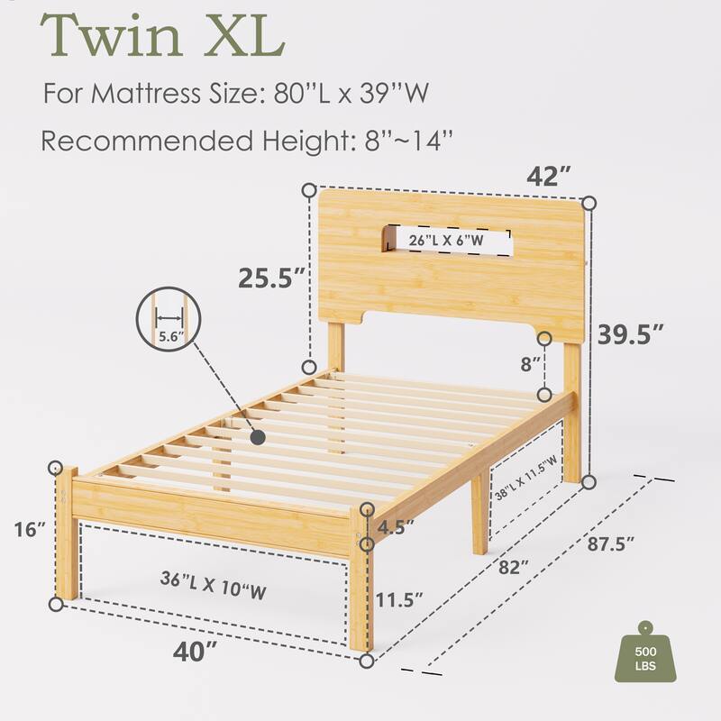 14" Heavy Duty Bamboo & Metal Platform Bed Frame with Headboard