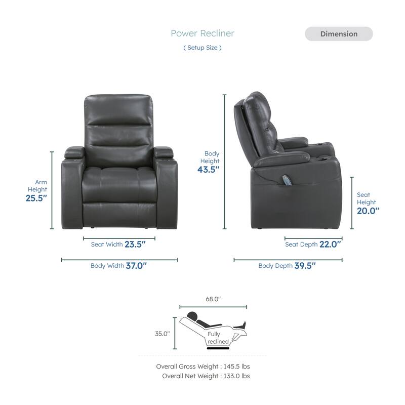 Lena 37" Faux Leather Power Recliner - Heat & Massage, Storage Arms