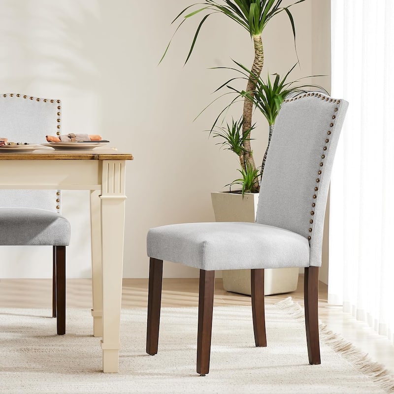 Upholstered Dining Chairs Set of 2, Modern Upholstered Fabric Dining Room Chair with Nailhead Trim and Wood Legs - Light Gray