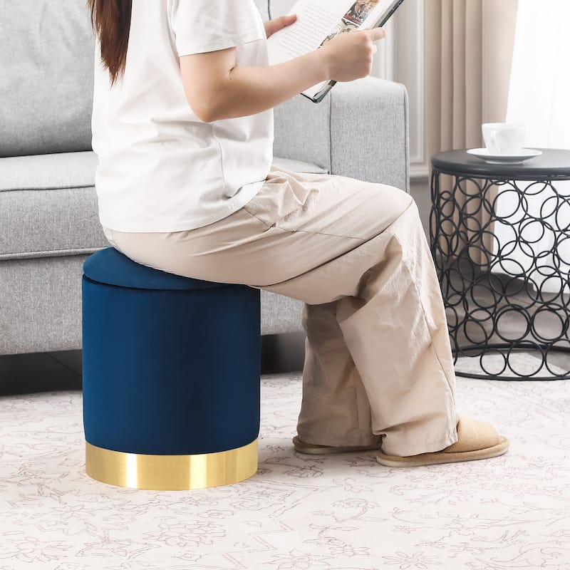 Adeco Round Storage Ottoman Footrest Stool Velvet Gold Plating Base