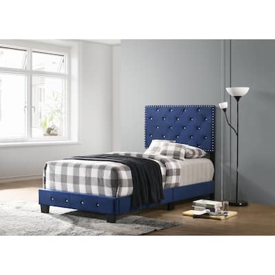 Classic Twin Bed Navy Blue - Velvet Upholstered Bed with Tufting & Jewels - Elegant Bedroom Furniture